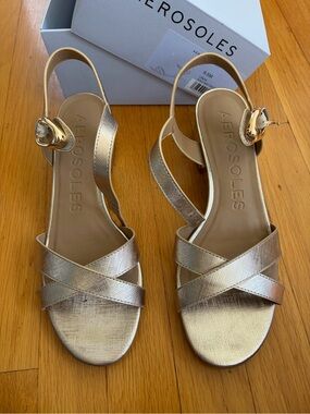 AEROSOLES Metallic Gold Crisscross Slingback Sandals